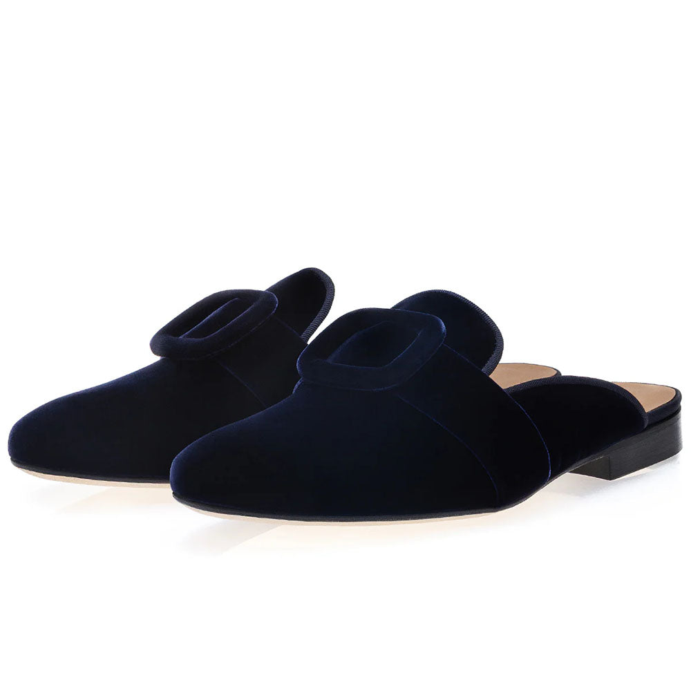 Superglamourous Savoy Velour Mules Navy