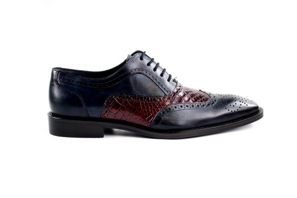 Belvedere Sesto Calfskin & Alligator Wingtip Shoes Antique Blue Safari / Wine