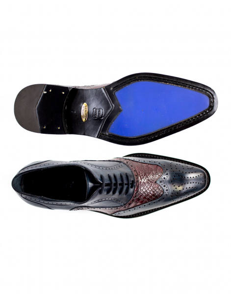 Belvedere Sesto Calfskin & Alligator Wingtip Shoes Antique Blue Safari / Wine