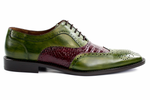Belvedere Sesto Calfskin & Alligator Wingtip Shoes Antique Emerald / Wine