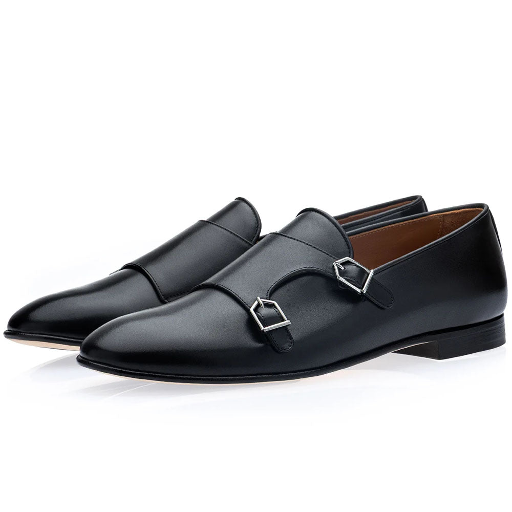 Superglamourous Odilon Nappa Leather Double Buckle Loafers Black