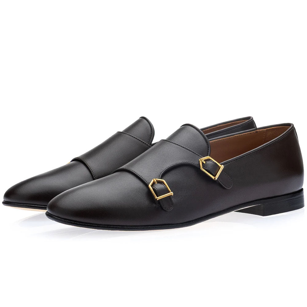 Superglamourous Odilon Nappa Leather Double Buckle Loafers Dark Brown