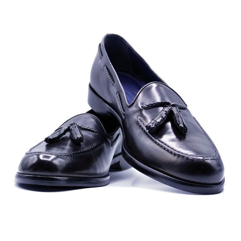 Zelli Calfskin & Crocodile Tassel Loafer Black