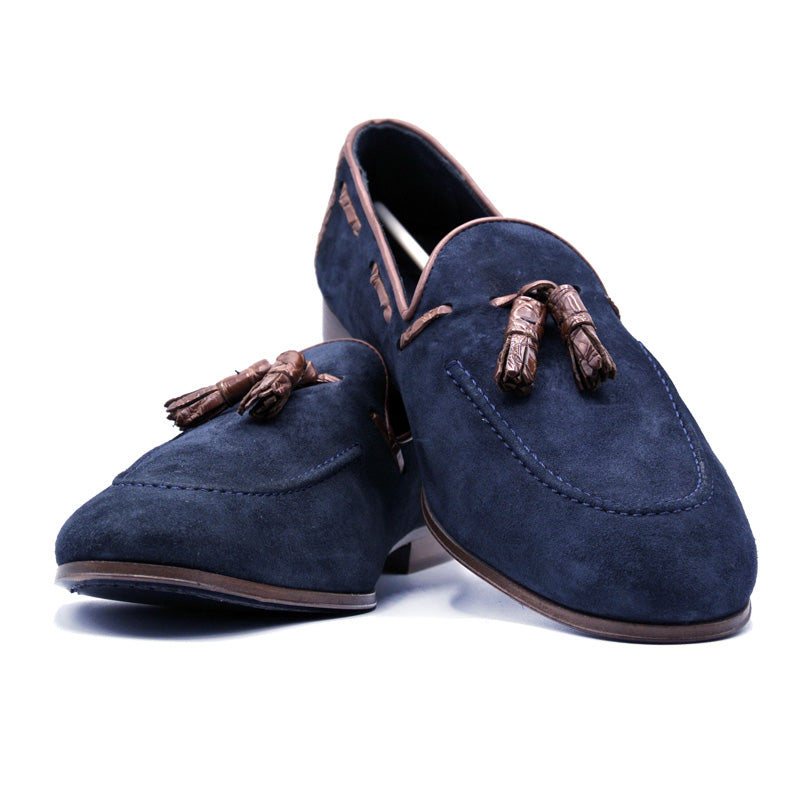 Zelli Suede Calfskin Moccasin with Crocodile Tassel - Navy