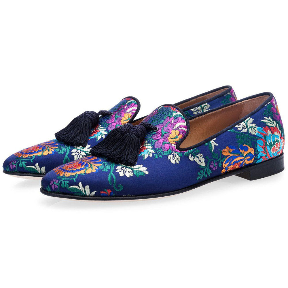 Superglamourous Louis Korela Jaquard Satin Slippers Navy