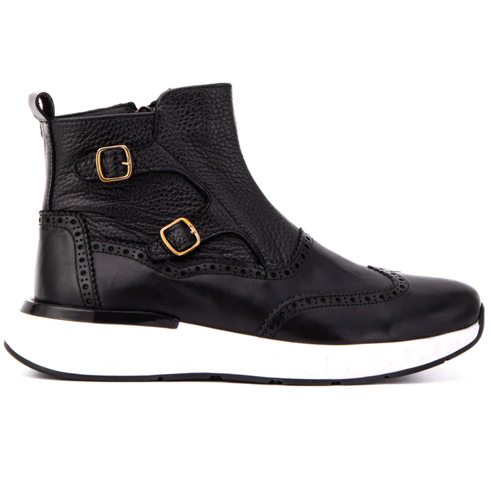 Vinci Leather The Stealth Wingtip Buckle Leather Mens Boot Black