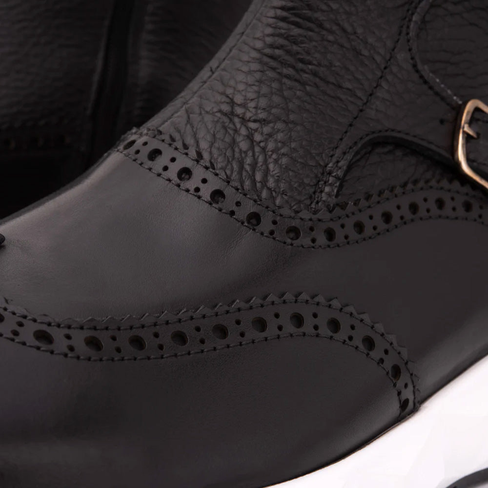 Vinci Leather The Stealth Wingtip Buckle Leather Mens Boot Black
