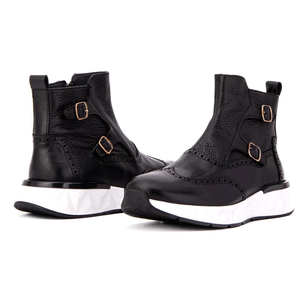 Vinci Leather The Stealth Wingtip Buckle Leather Mens Boot Black