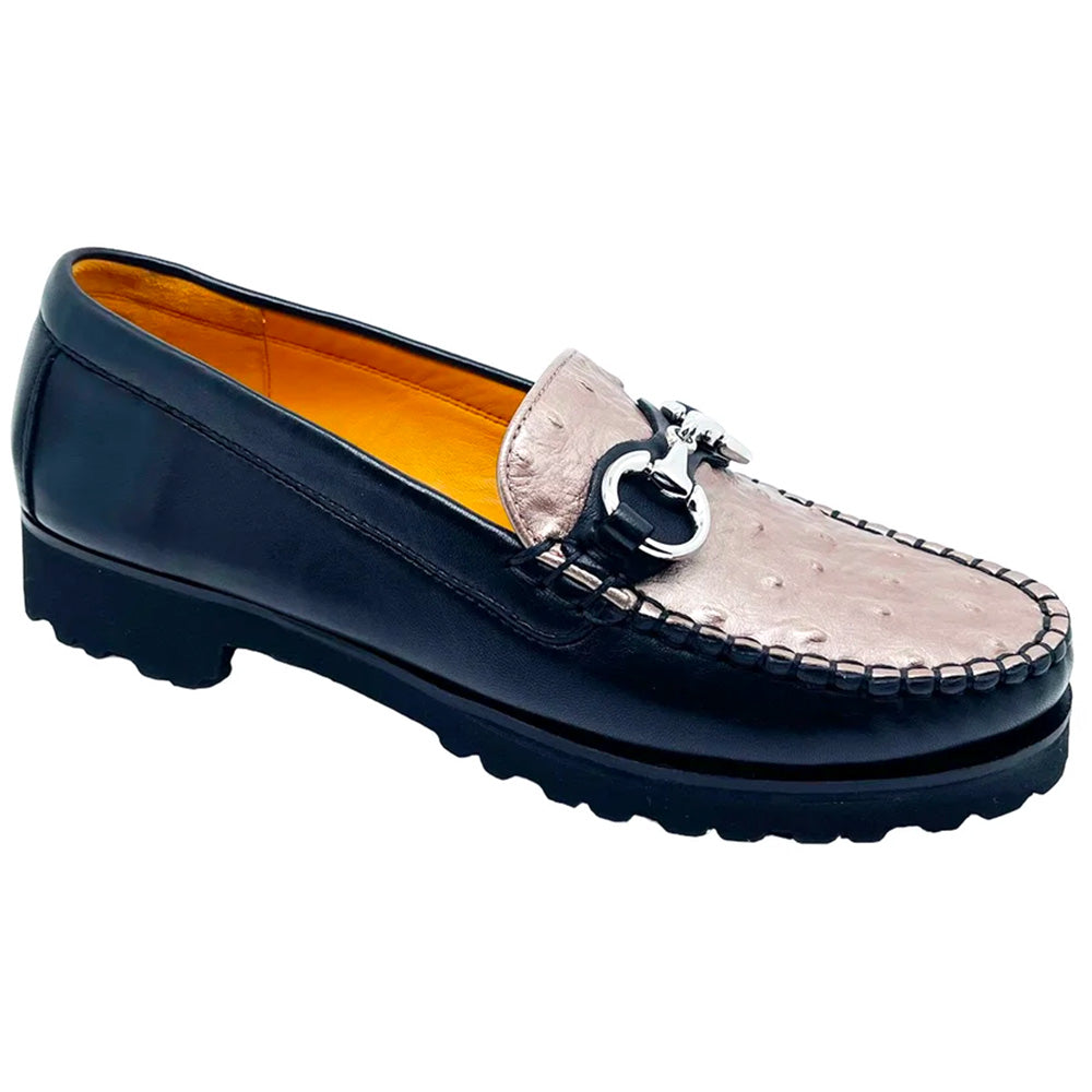 Robert Zur Women's Soho Ostrich & True Glove Bit Loafer Black & Rose Gold