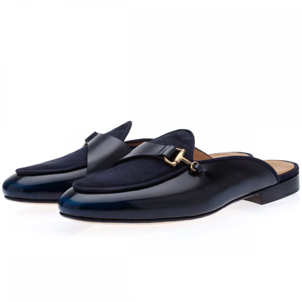 Superglamorous Tangerine 12 Cordovan Mules Navy
