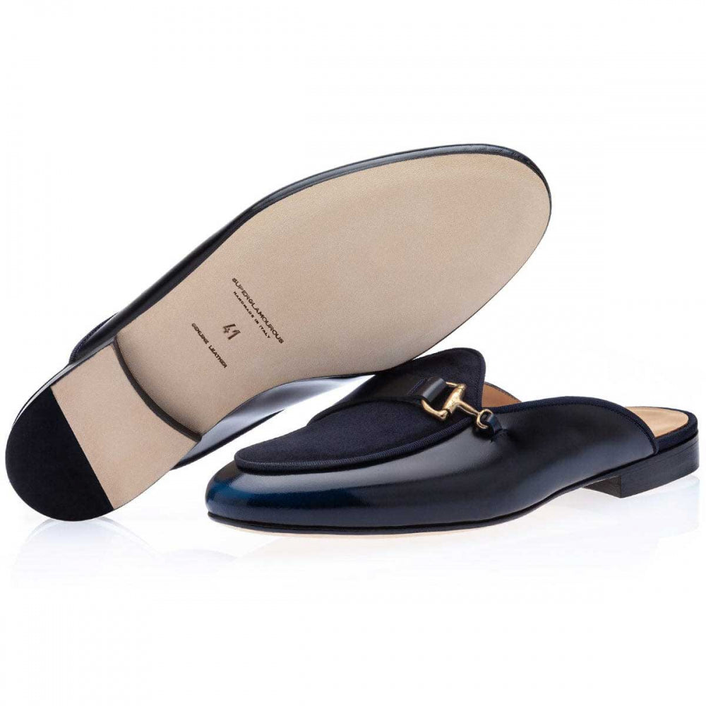 Superglamourous Tangerine 12 Cordovan Mules Navy