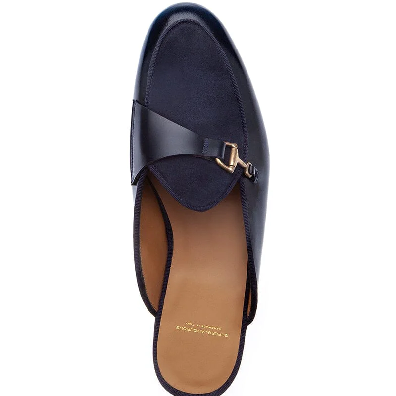 Superglamourous Tangerine 12 Cordovan Mules Navy
