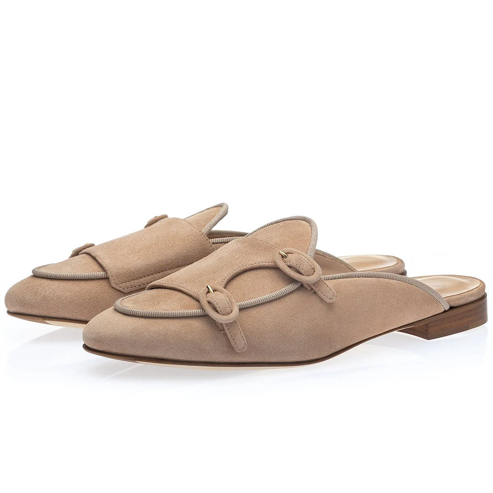 Superglamourous Women's Tangerine 7 Suede Double Buckle Mule Beige