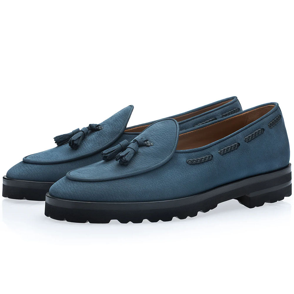 Superglamourous Tangerine 8-T Oregon Nubuck Belgian Tassel Loafers Navy