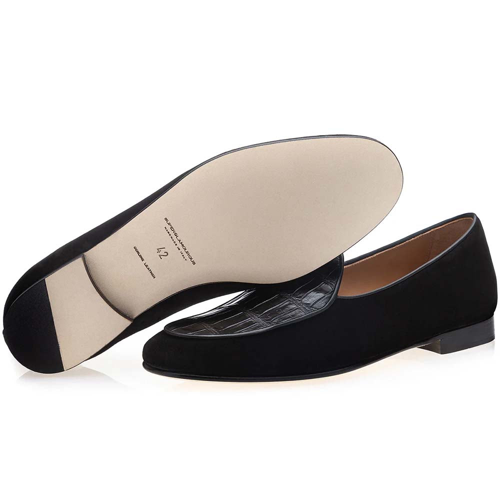 Superglamourous Tangerine Crocodile / Suede Belgian Loafers Black