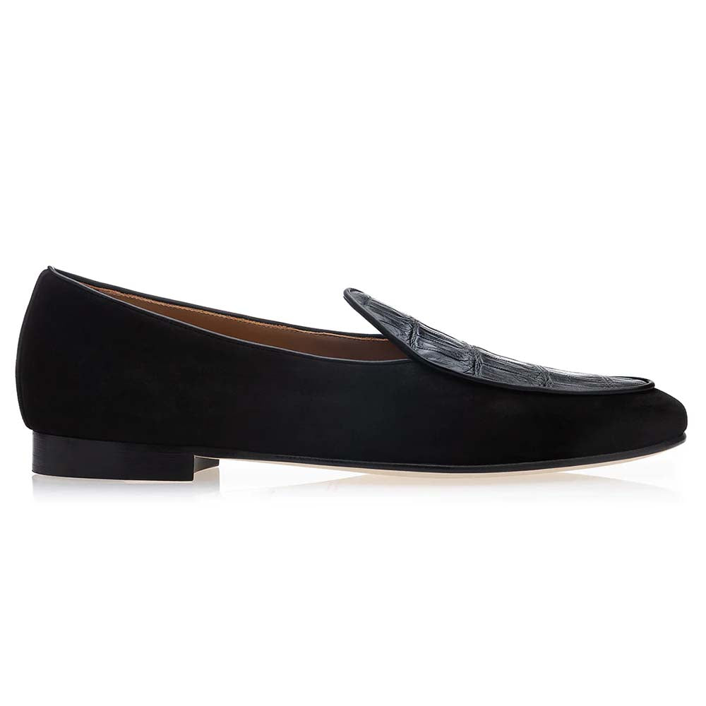 Superglamourous Tangerine Crocodile / Suede Belgian Loafers Black