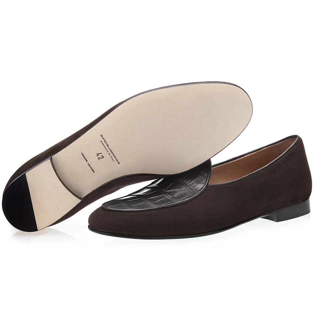 Superglamourous Tangerine Crocodile / Suede Belgian Loafers Cocoa