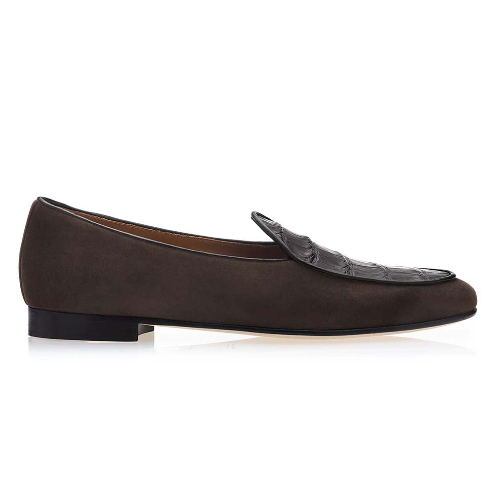 Superglamourous Tangerine Crocodile / Suede Belgian Loafers Cocoa