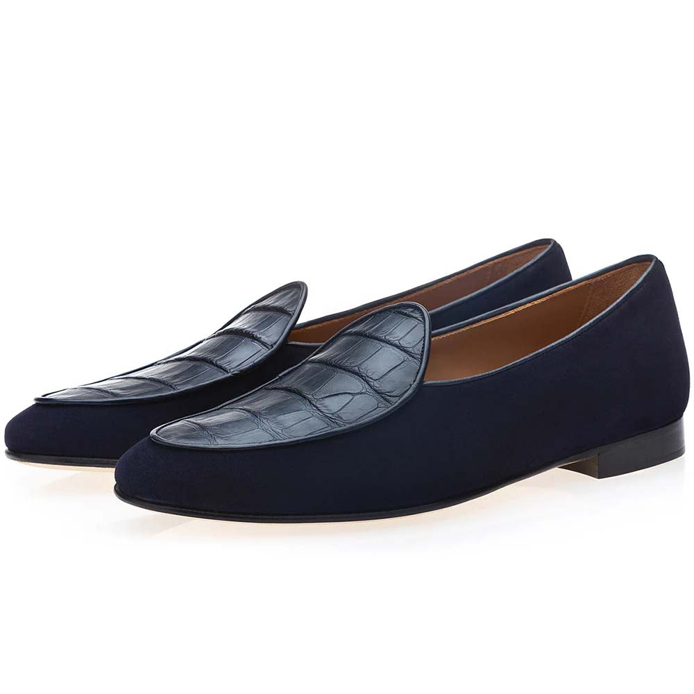 Superglamourous Tangerine Crocodile / Suede Belgian Loafers Navy
