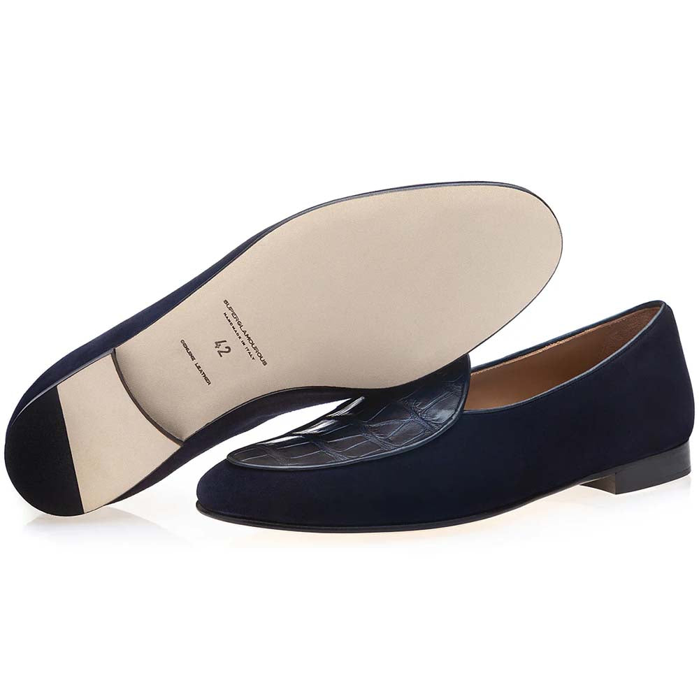 Superglamourous Tangerine Crocodile / Suede Belgian Loafers Navy