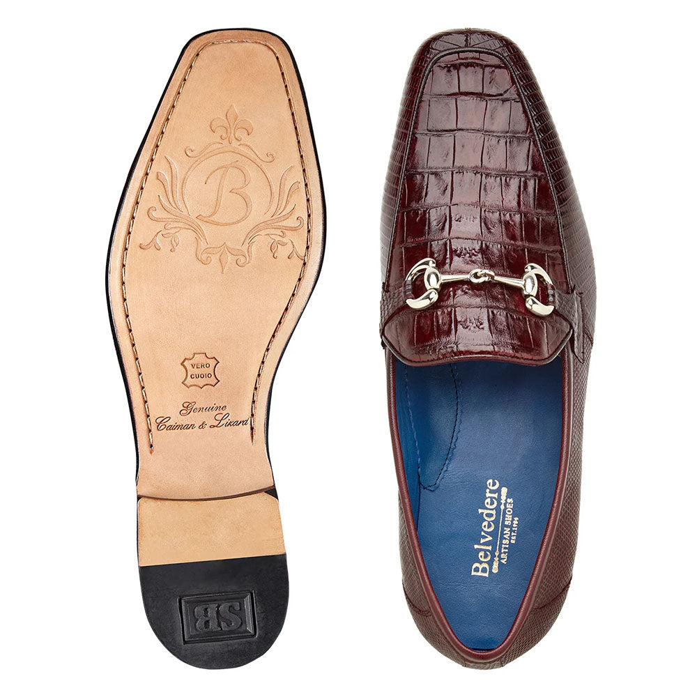 Belvedere Udine Genuine Caiman & Lizard Loafers Burgundy