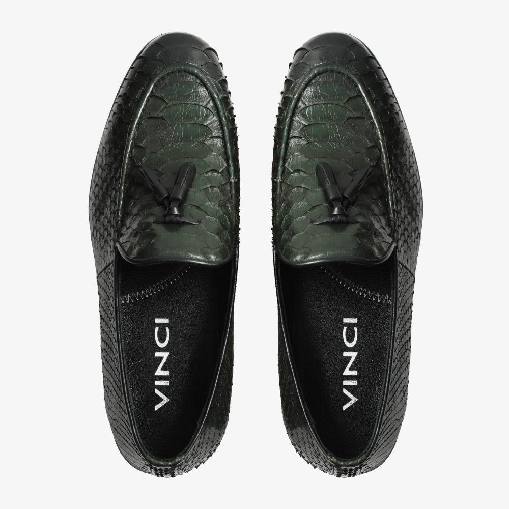 Vinci Leather The Bethesda Python Tassel Loafers Green (18621 Y-1)