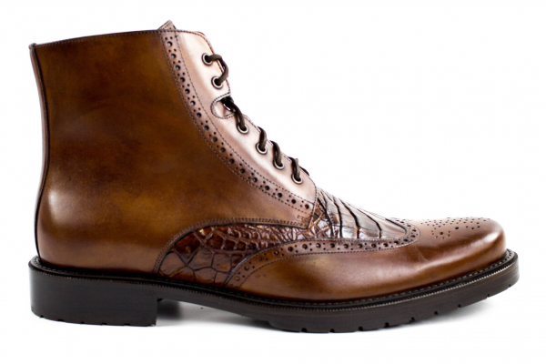 Belvedere Vito Calfskin & Alligator Wingtip Boots Antique Almond