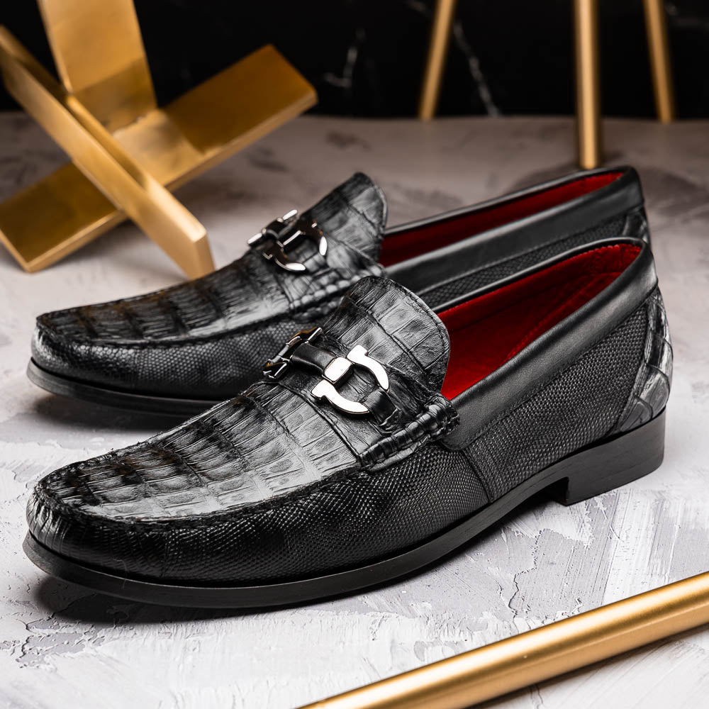 Marco Di Milano Adro Caiman Crocodile / Lizard Bit Loafers Black