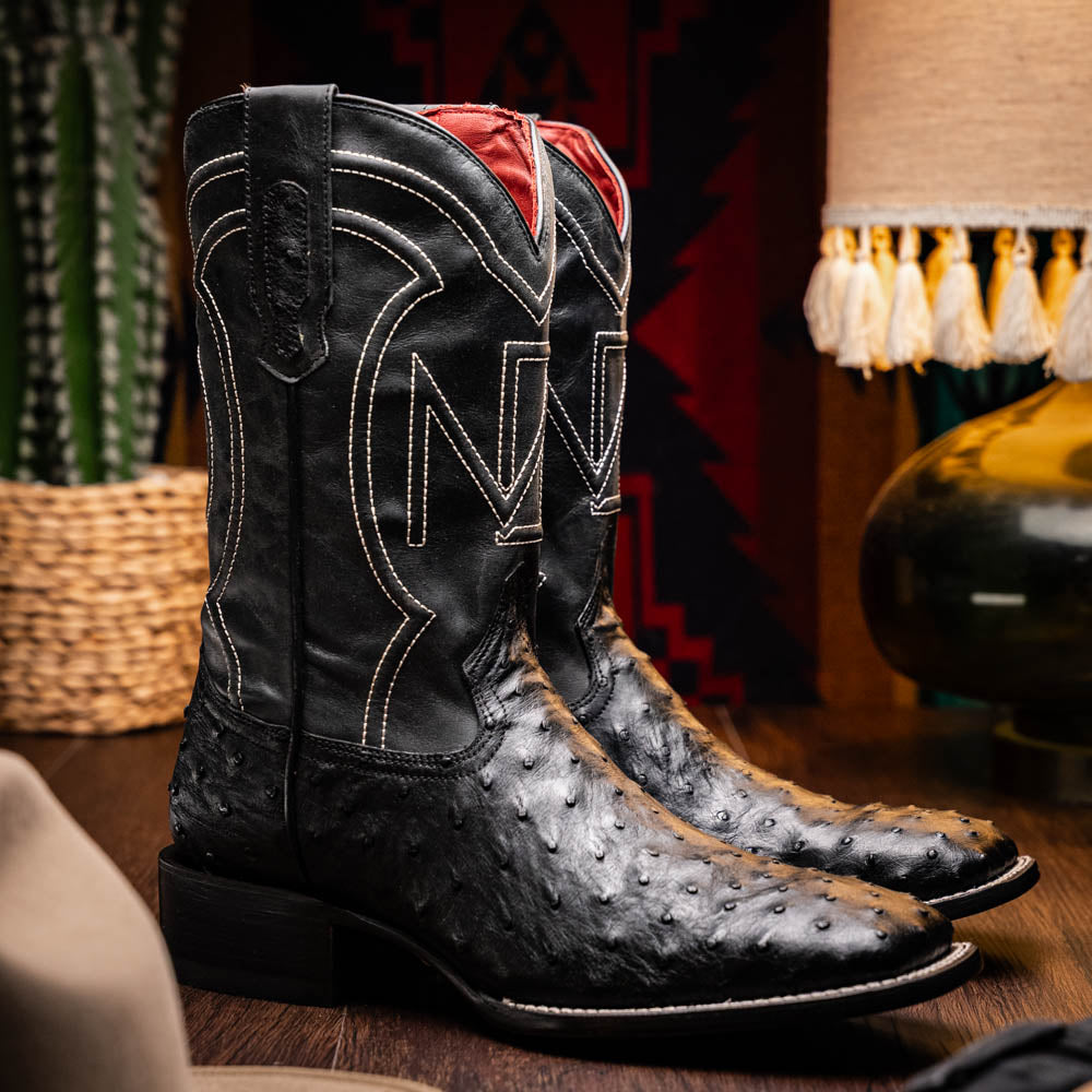 Marco Di Milano Alabama Ostrich Quill Square Toe Cowboy Boot Black