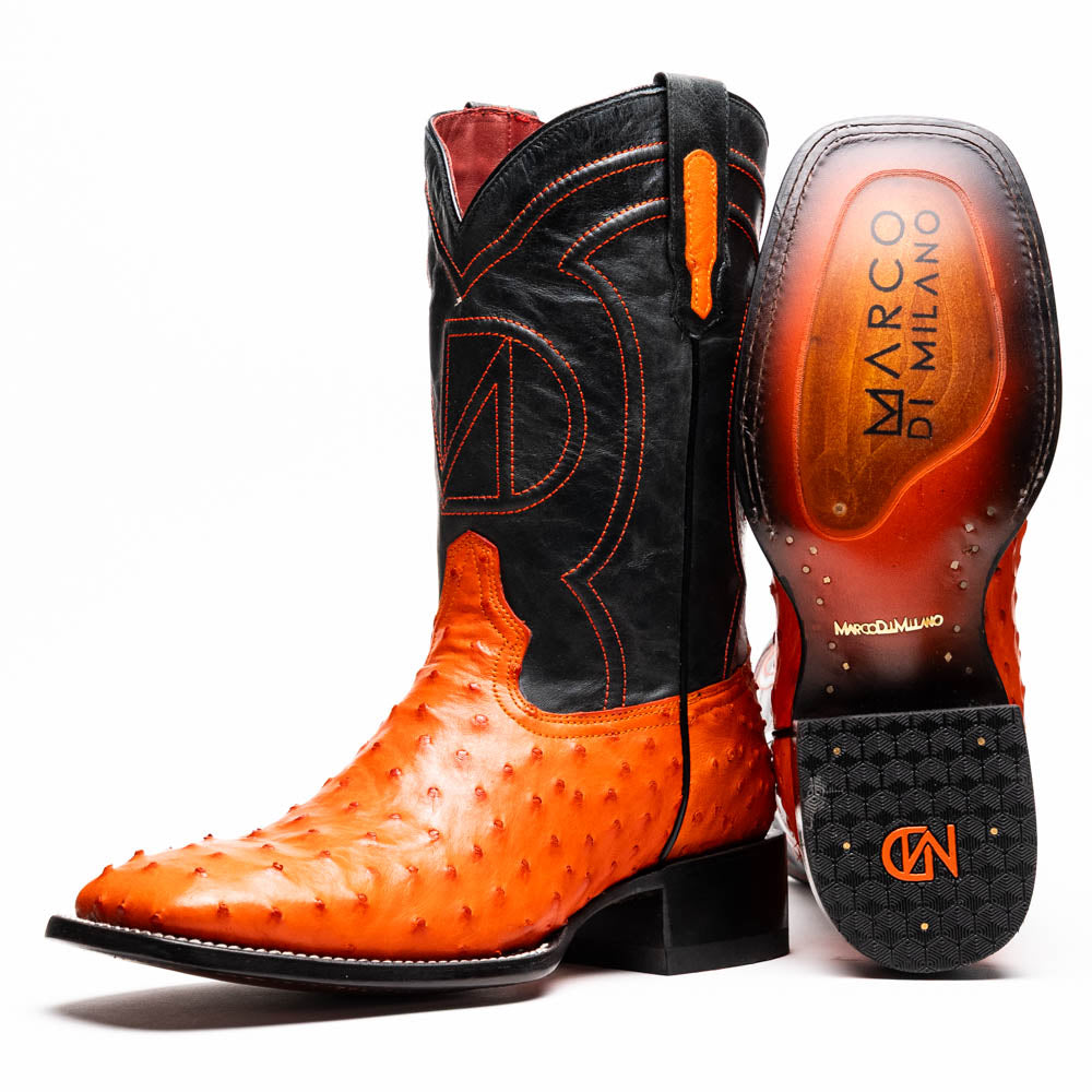 Marco Di Milano Alabama Ostrich Quill Square Toe Cowboy Boot Orange