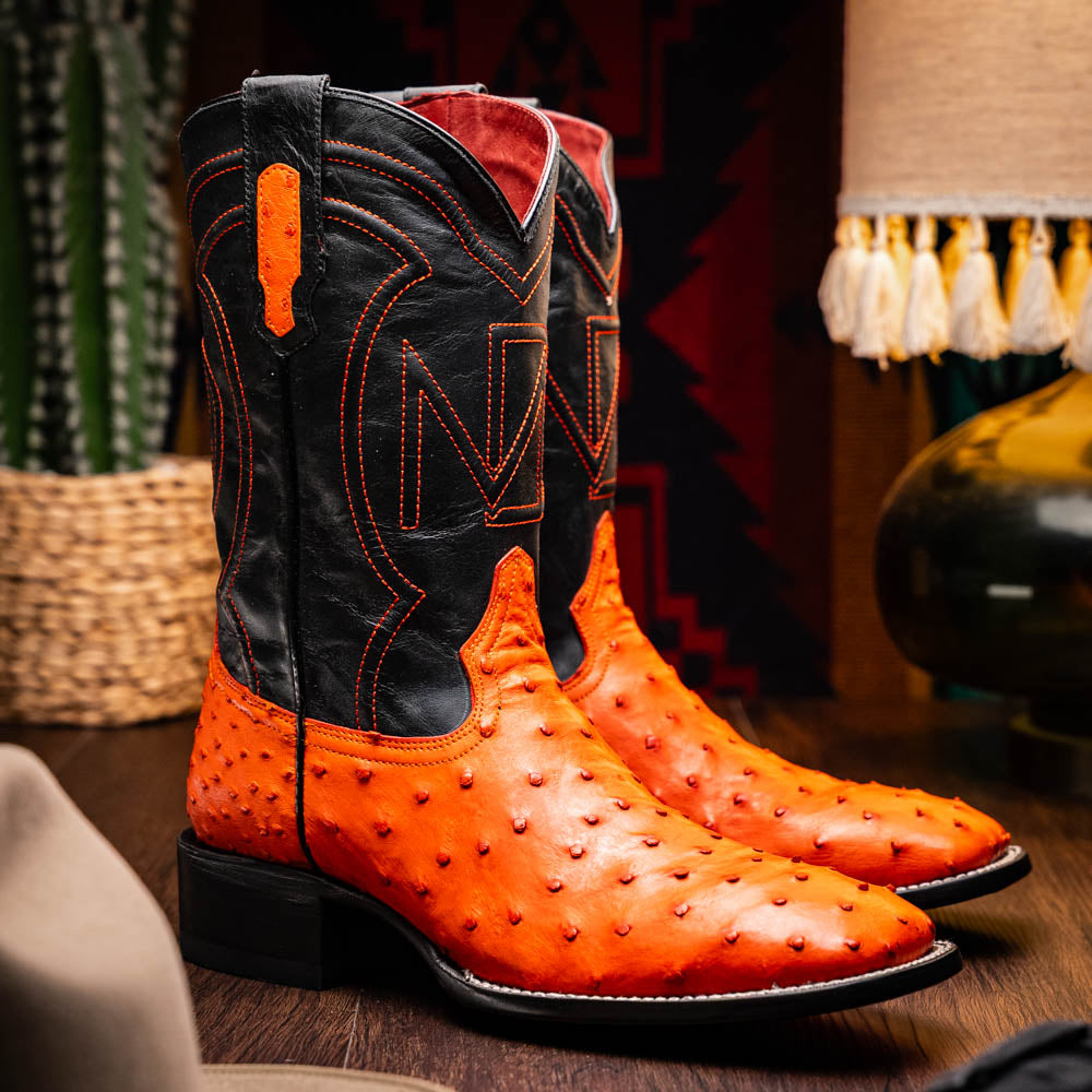 Marco Di Milano Alabama Ostrich Quill Square Toe Cowboy Boot Orange
