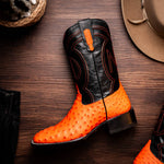 Marco Di Milano Alabama Ostrich Quill Square Toe Cowboy Boot Orange