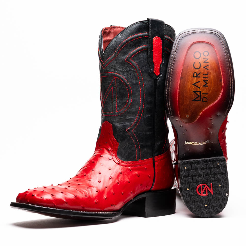 Marco Di Milano Alabama Ostrich Quill Square Toe Cowboy Boot Red