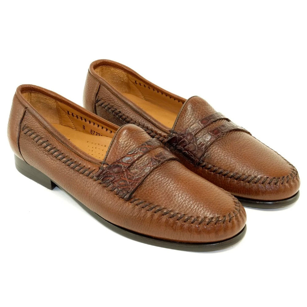 Alan Payne Amalfi Deerskin & Crocodile Penny Loafers Almond