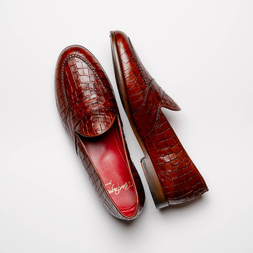 Alan Payne Barney II Crocodile Embossed Loafers Brandy