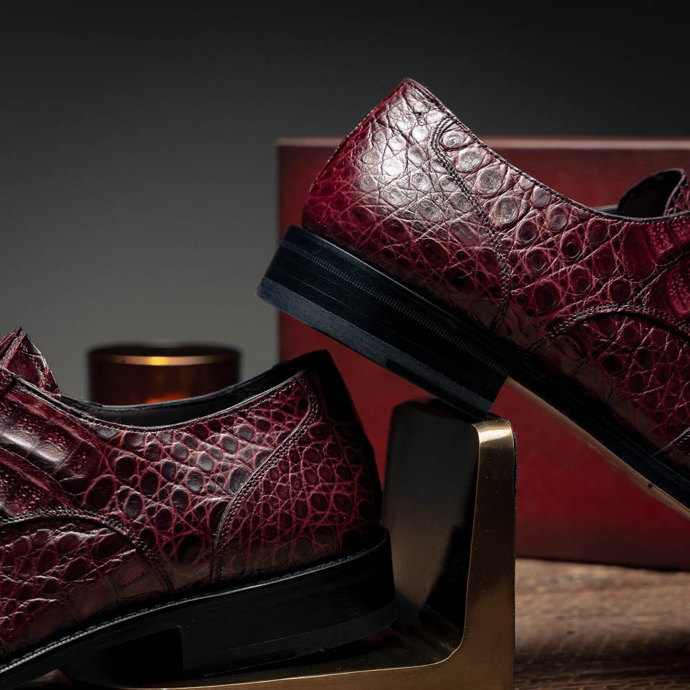 Mezlan Anderson Crocodile Derby Shoes Burgundy (13584-F)
