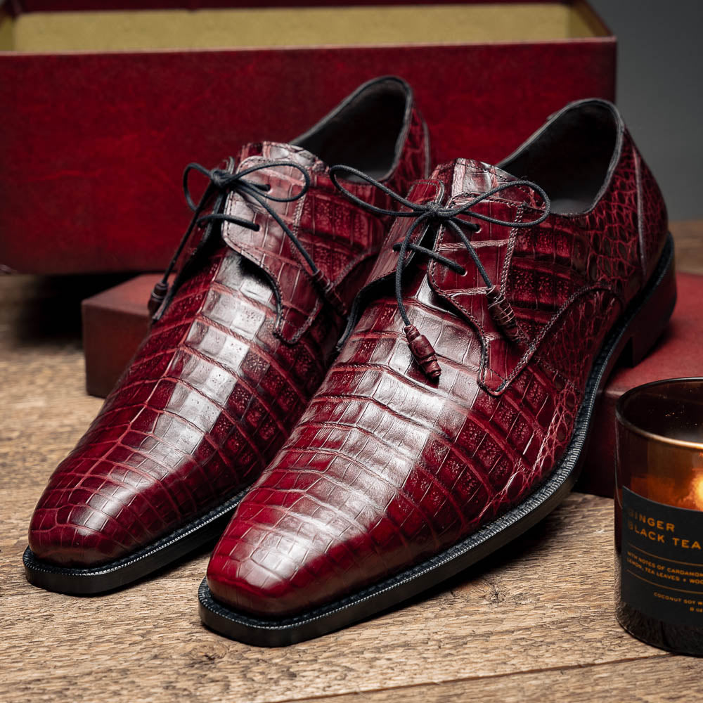 Mezlan Anderson Crocodile Derby Shoes Burgundy (13584-F)