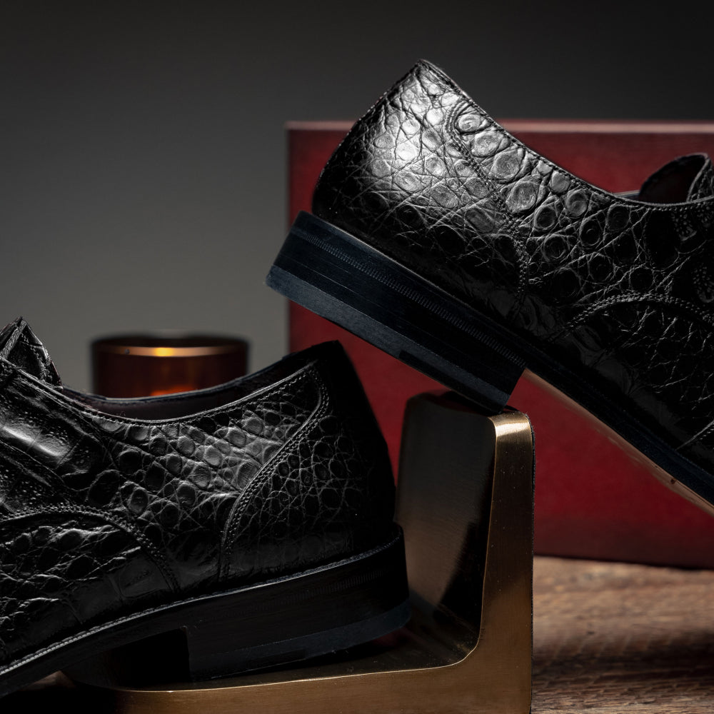 Mezlan Anderson Crocodile Derby Shoes Black (13584-F)