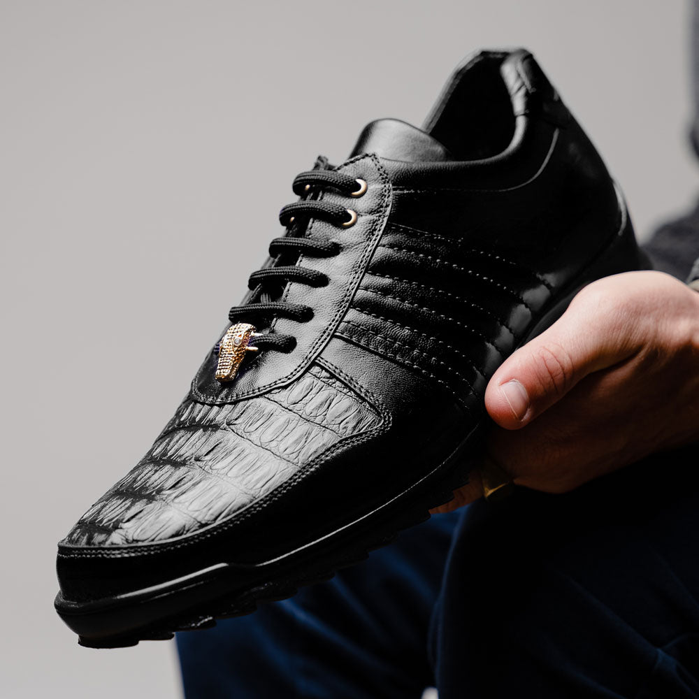 Belvedere Astor Genuine Hornback Caiman Crocodile / Calfskin Sneakers Black (33599)