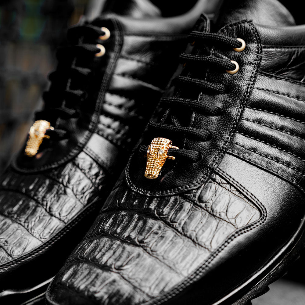 Belvedere Astor Genuine Hornback Caiman Crocodile / Calfskin Sneakers Black (33599)