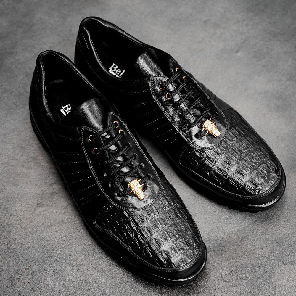 Belvedere Astor Genuine Hornback Caiman Crocodile / Calfskin Sneakers Black (33599)