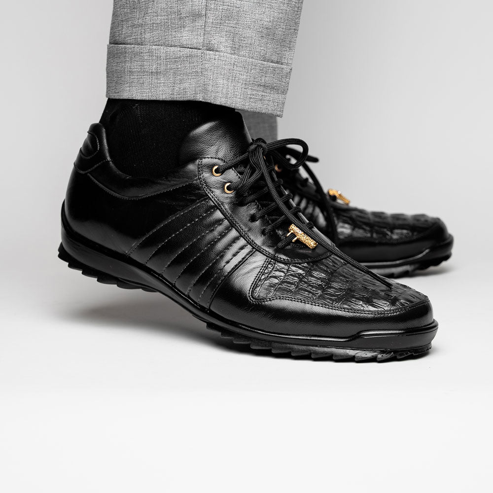 Belvedere Astor Genuine Hornback Caiman Crocodile / Calfskin Sneakers Black (33599)