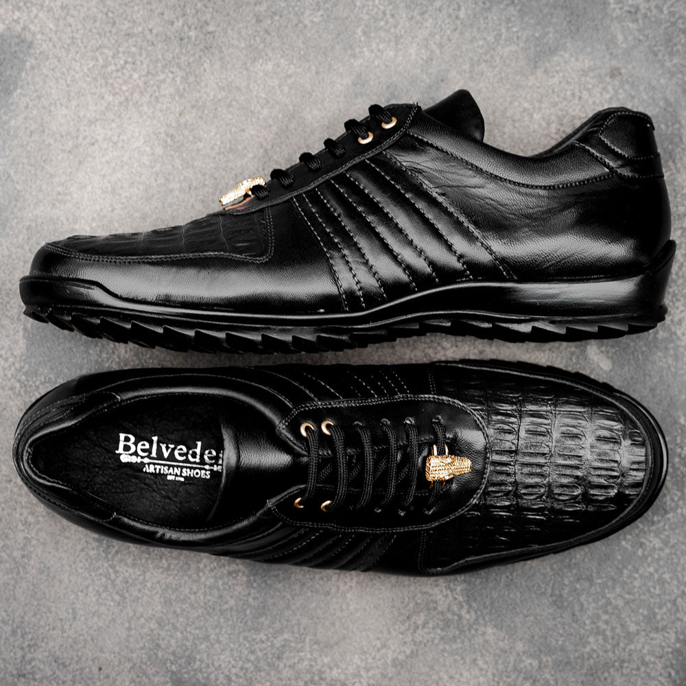 Belvedere Astor Genuine Hornback Caiman Crocodile / Calfskin Sneakers Black (33599)