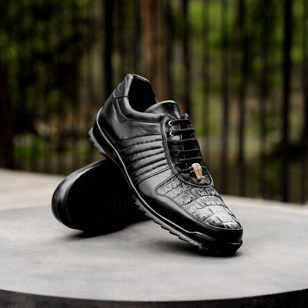 Belvedere Astor Genuine Hornback Caiman Crocodile / Calfskin Sneakers Black (33599)
