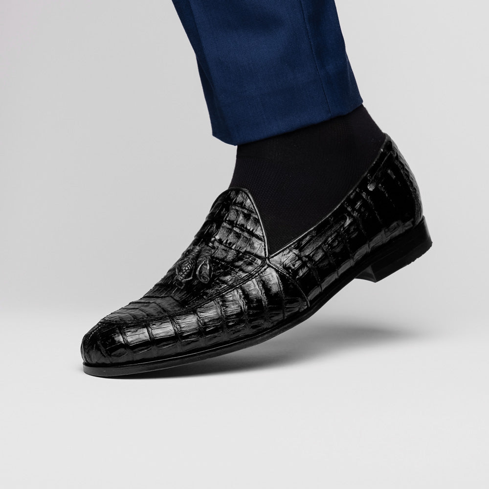 Marco Di Milano Bianchi Caiman Crocodile Tassel Loafers Black