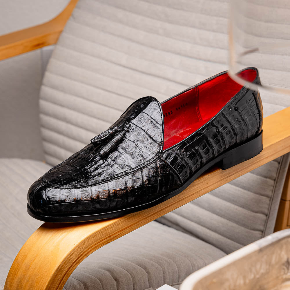 Marco Di Milano Bianchi Caiman Crocodile Tassel Loafers Black