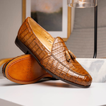 Marco Di Milano Bianchi Caiman Crocodile Tassel Loafers Cognac