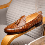 Marco Di Milano Bianchi Caiman Crocodile Tassel Loafers Cognac