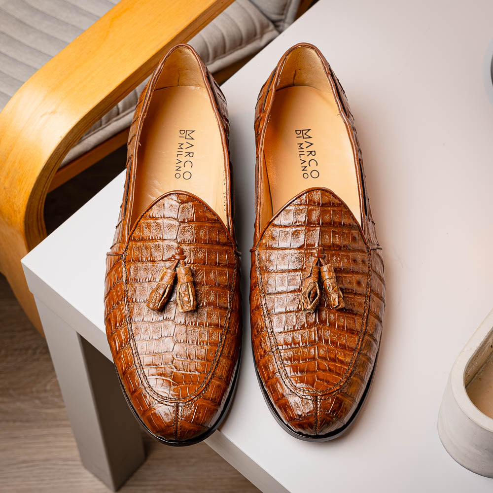 Marco Di Milano Bianchi Caiman Crocodile Tassel Loafers Cognac