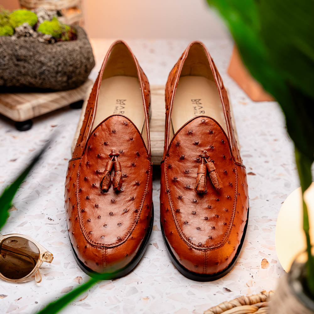 Marco Di Milano Aubiere Ostrich Quill Tassel Loafers Cognac